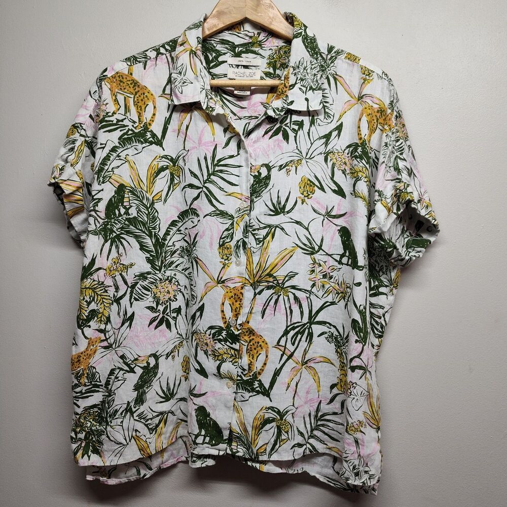 Rachel Zoe Linen Button Down Shirt Women XL White Green Animal Botanical Print